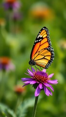 Fototapeta premium A Monarch butterfly delicately perched on a vibrant purple wildflower, wings spread, nature, nature photography, pollination