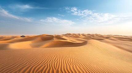 A vast desert landscape with rolling sand dunes under a clear blue sky.