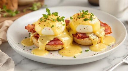 Canadian bacon eggs Benedict featuring thick-cut meat slices on English muffins with perfectly poached eggs, hollandaise sauce, microgreens and paprika on white plate
