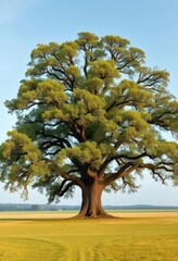 Ancient, sprawling oak tree stands alone in a vast field, autumn, large