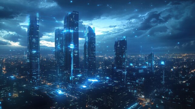 Ciudad futurista con edificios y tecnolog&iacute;a