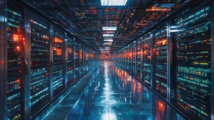 Centro de datos, pasillo de servidores, tecnología moderna