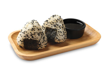 Rice balls (onigiri) and soy sauce isolated on white. Traditional Japanese dish