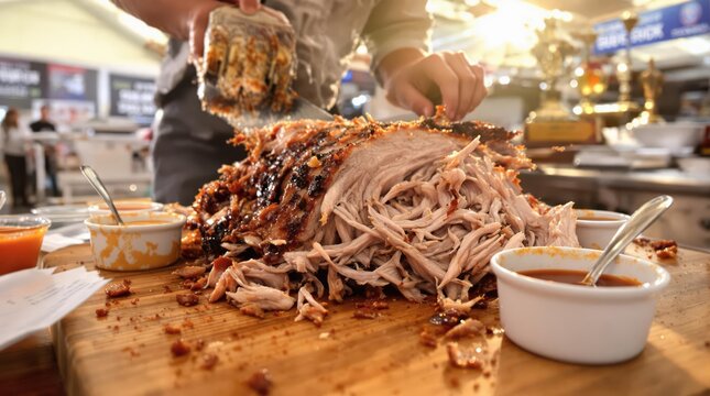 BBQ competition pulled pork preparation with perfect bark being separated using meat claws on maple board, surrounded by sauce ramekins, scoresheets visible at edge