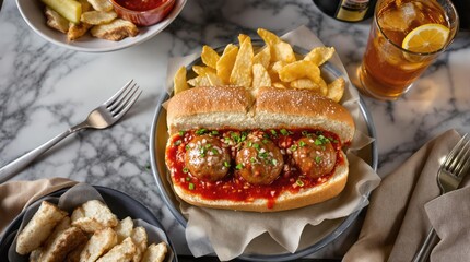 Meatball sandwich meal from overhead view with seasoned meatballs in marinara sauce on artisanal hoagie roll, served with extra sauce, house-made potato chips and pickle