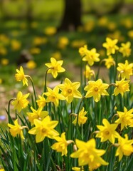 Fototapeta premium Bright yellow daffodils blooming in a spring meadow, flower, flowers, bloom