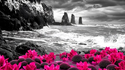 Electric pink sea urchins tidal pool black and white rocky coastline with crashing waves
