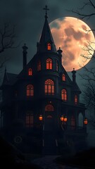 Fototapeta premium A spooky haunted mansion under moonlight, perfect for a chilling smartphone wallpaper. 