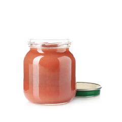 Baby food. Tasty puree in glass jar isolated on white