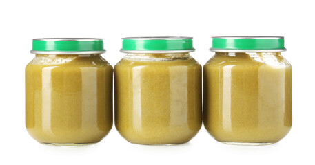 Baby food. Tasty puree in glass jars isolated on white
