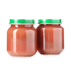 Baby food. Tasty puree in glass jars isolated on white