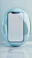 Isolated phone screen display inside a protective bubble on a marble-like surface against a pale background.