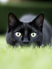 Close-up of a Black Cat in Grass