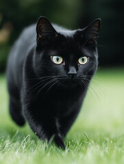 Elegant Black Cat Walking on Grass