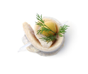 Delicious herring roll with olive and dill on white background, top view
