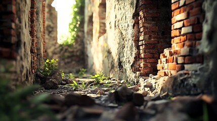 Fototapeta premium A serene view of an overgrown, crumbling brick corridor with natural elements reclaiming space.
