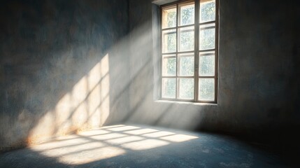 Sunlit Room Interior Empty Space Grunge Wall Sunlight Window Light Beams Dusty Room Vintage Building Photography Background Texture old grey pane dark