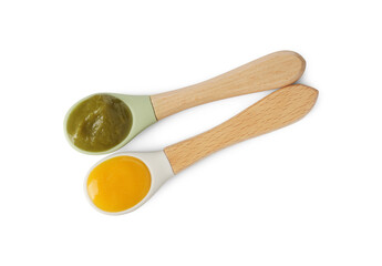 Baby food. Spoons with tasty puree on white background, top view