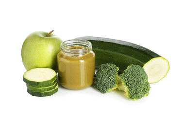 Baby food. Tasty puree in jar and ingredients on white background