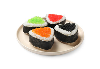 Tasty tobiko onigiri (Japanese rice balls) on white background