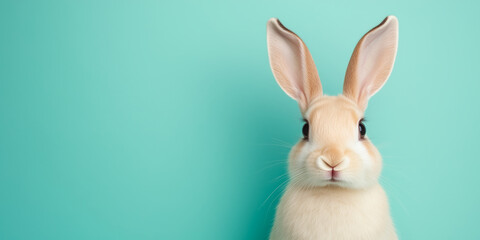 Obraz premium Cute light beige rabbit with long ears staring at camera on turquoise background, close up bunny portrait for pet, easter or minimalist concept