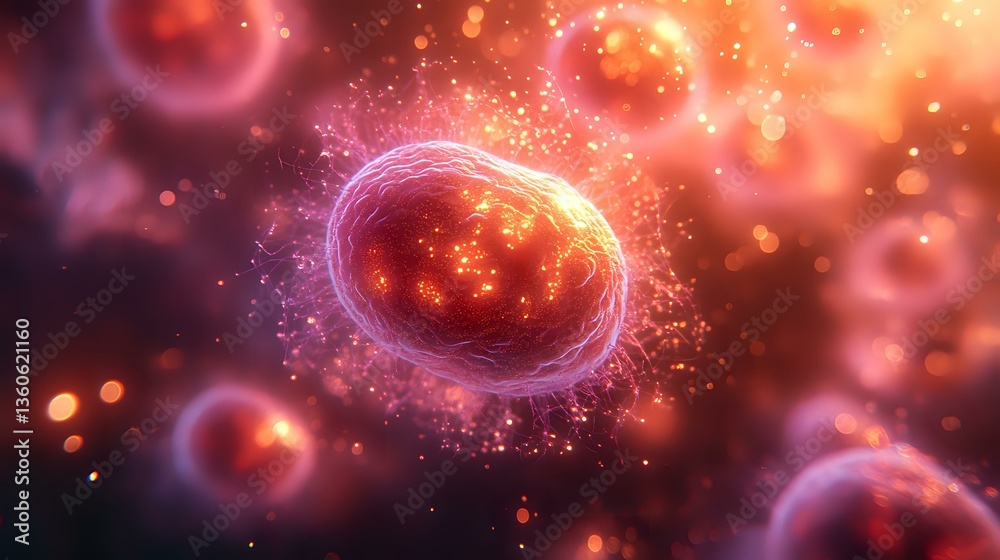 Poster glowing red cells with luminous plasma membranes floating in dark space, microscopic view of biologi