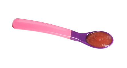 Baby food. Tasty puree in spoon isolated on white