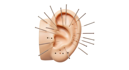 Realistic human ear model displaying multiple acupuncture needles, representing holistic healing, acupuncture therapy, and alternative medicine practices