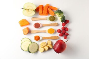 Baby food. Tasty puree in spoons and different ingredients on white background, flat lay
