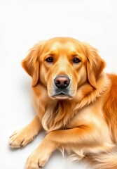 Golden retriever dog relaxing on white background, calm, pet, comfortable