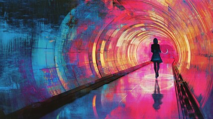 Mujer caminando en túnel colorido