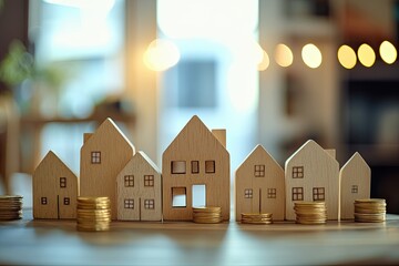 The idea of home mortgages is illustrated through a tiny house model surrounded by money coins, showcasing investment opportunities, loan offers, and property management for buying new homes