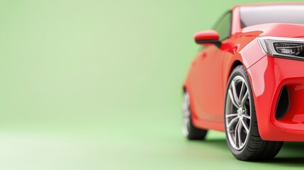 A vibrant red modern car is showcased against a minimalist light green background highlighting its sleek design and elegant sporty details in a studio shot.