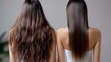 Comparison of curly wavy and straight brown hair on two women from behind showing different hair textures and treatments for beauty and haircare concept.
