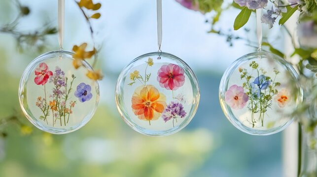 A high-definition view of DIY floral suncatchers crafted using pressed flowers and translucent sheets