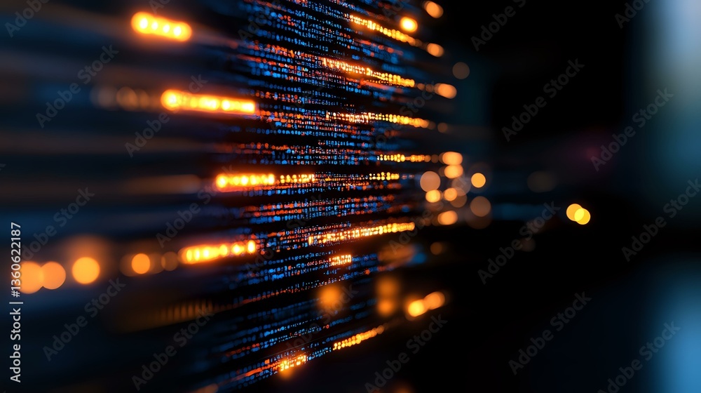 Aufkleber glowing digital code lines with orange light streaks on dark background, abstract technology pattern