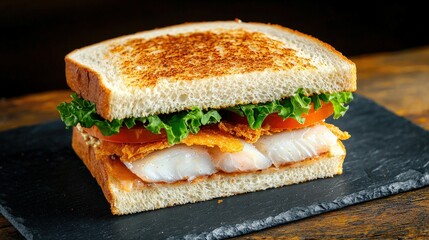 A delicious crispy fish sandwich with lettuce tomato and tartar sauce is served on toasted bread on a dark slate plate perfect for restaurant menus or food blogs.