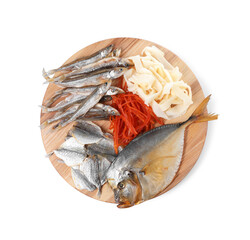 Many different dried fish snacks isolated on white, top view