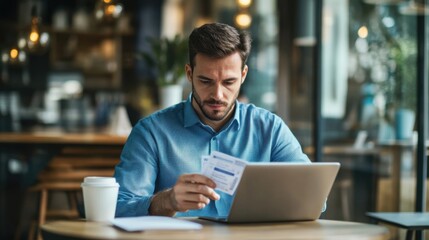 Hombre trabajando en laptop con tarjetas