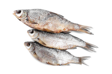 Dried salted roach fish isolated on white, top view