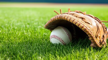 A worn leather baseball mitt rests on a lush green baseball field with a white baseball led inside its protective cup ready for the next game.