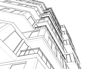 Modern Architectural Sketch - Abstract Residential Building - Wireframe Perspective - Vector Illustration