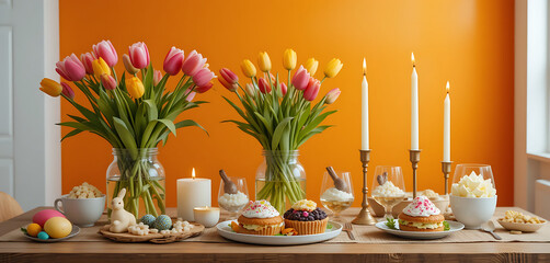 Candles Dining setup against a bold orange backdrop