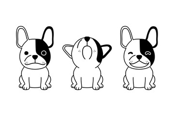 Set of vector black and white cartoon character french bulldog for design.