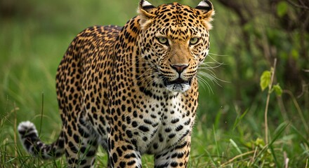 Fototapeta premium A majestic leopard walking through tall green grassy vegetation
