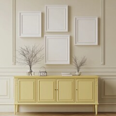 Fototapeta premium Yellow sideboard with empty frames and decor.
