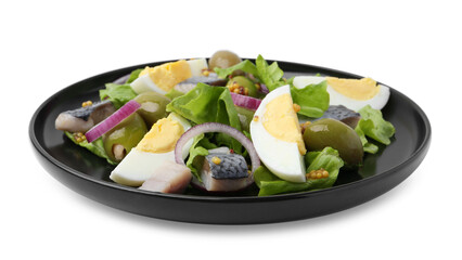 Delicious salad with herring, egg, mustard and vegetables on white background