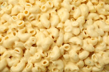 Delicious pasta with cheese sauce as background, top view