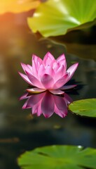 Serene pink lotus blossom floats on calm, clear water, lake, art