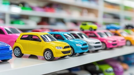 A vibrant collection of colorful plastic toy cars sits neatly arranged on a white shelf in a toy store showcasing a variety of miniature vehicle models for children.